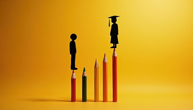 Two figures stand on pencils of different heights representing education gap. One person is low on a short pencil, another is high on a tall pencil with graduation cap. This symbolizes inequality.
