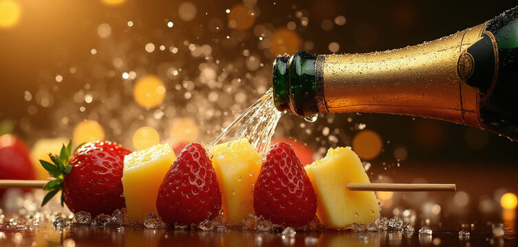 Champagne pours onto fruit skewers with strawberries and pineapple chunks on ice. Bubbles and golden light create festive party mood. Sweet celebration drink with refreshing fruit.