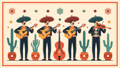 Obraz premium A vibrant illustration of a mariachi band playing music in a festive setting with cacti and traditional Mexican decor.