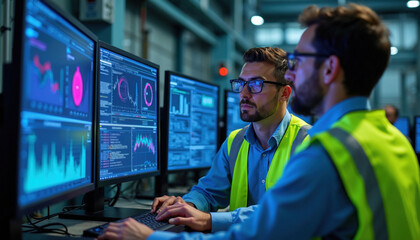 Obraz premium Two engineers in high visibility vests analyze data on computer screens showing graphs and charts. They work together in a modern control room monitoring industrial processes.