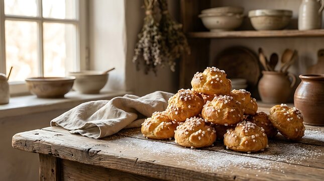 A rustic wooden table displaying a fresh pile of delicious chouquette pastries topped with pearl sugar in a warm and cozy traditional French kitchen setting