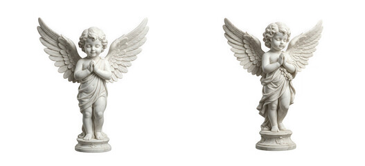 Obraz premium Two white marble cherub statues with wings praying, isolated on transparent background