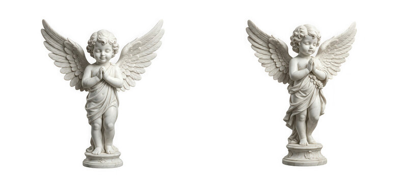Two white marble cherub statues with wings praying, isolated on transparent background