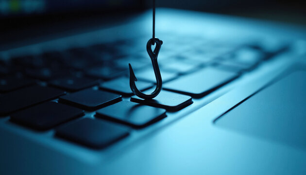 Fishing hook hovers over computer keyboard keys. Concept illustrates digital danger online threats cyber attack risk. Cybercrime vulnerability online security breach.
