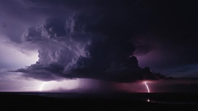 Powerful lightning strikes illuminate a dark storm cloud over the horizon