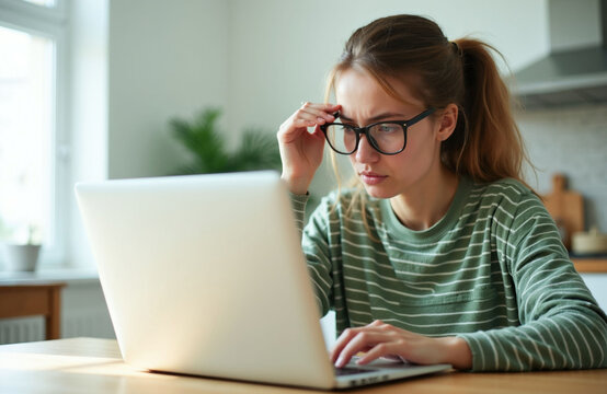 Young woman wears glasses, types on laptop computer. She looks worried and stressed working at home. Female browses internet on notebook at table.