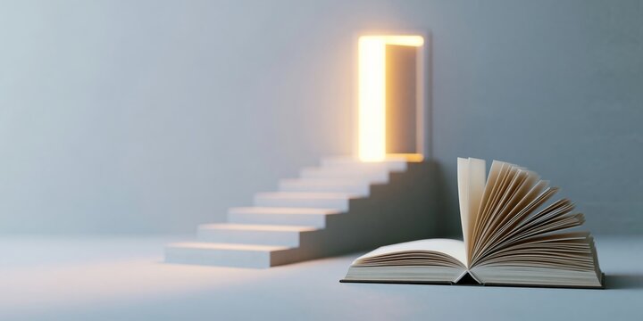 Open book with glowing doorway stairs
