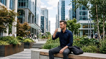 Fototapeta premium urban workspace environment, an office worker enjoys coffee in a small urban micro-park with clean architecture