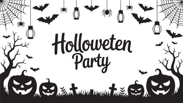Halloween party banner with pumpkins, bats, spiders, spider webs, and gravestones, spooky holiday decoration elements