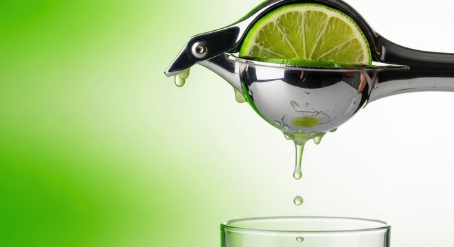 A manual citrus squeezer pressing fresh lime wedges, capturing the vibrant green juice dripping into a glass below, modern, table, lemon