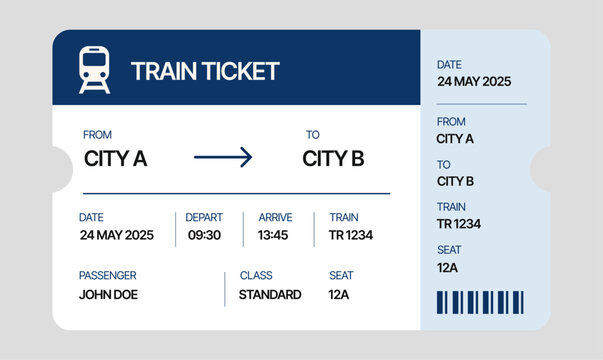 Train ticket template with railway boarding pass passenger travel voucher route information card and transit admission design