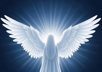 Fototapeta premium Ethereal being illuminated by spiritual radiance, showcasing detailed, pure white wings against a deep blue background, Angel, freedom, belief