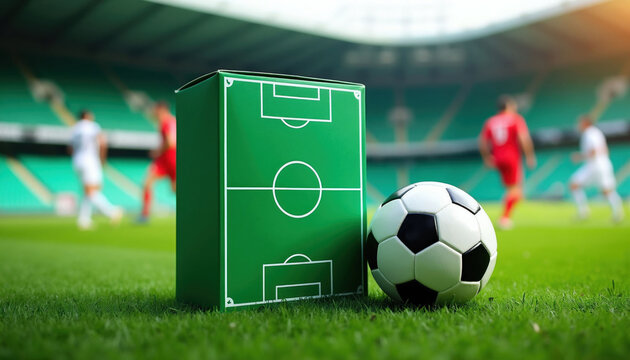 Green soccer field box sits on grass next to ball. Players compete on stadium pitch in background. Represents sport game packaging and marketing.