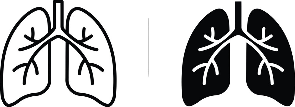 Two stylized icons of human lungs one outlined and the other filled presented side by side