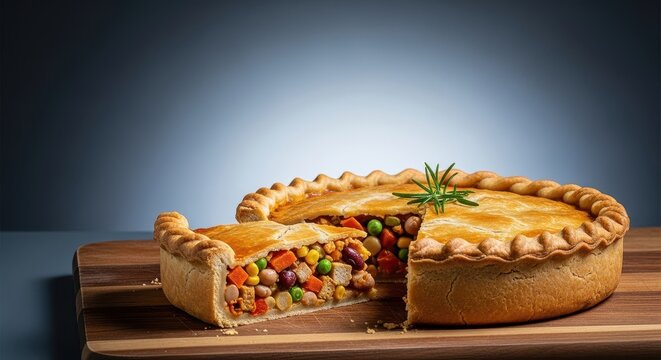 Rustic, homemade savory pie stuffed with mixed ingredients, demonstrating budget cooking and using up kitchen scraps, processed, meal, cooked