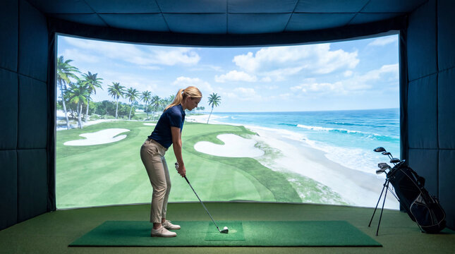 Man playing golf on indoor simulator with beach course screen