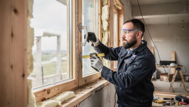 Medium shot of a technician fitting doubleglazed insulated glass units into wooden window frames enhancing thermal insulation and energy efficiency in residential construction.