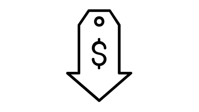 Vector illustration of a clearance sale price tag with a downward arrow line icon depicting a retail markdown discount symbol.