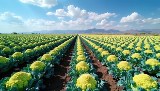 Expansive field of Romanesco broccoli cauliflower under bright blue sky with fluffy white clouds. Rows of yellow green vegetables stretch towards distant mountains in arid landscape. Healthy organic