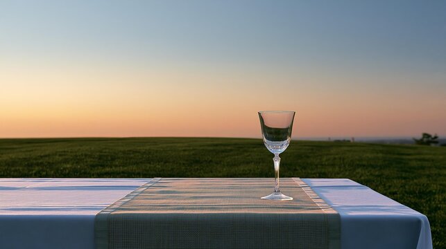 A single clear wine glass is positioned on a table with a runner, set against a backdrop of a lush green field and a gradient sky at sunset