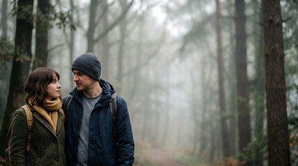 Fototapeta premium Couple walking in a foggy forest looking at each other