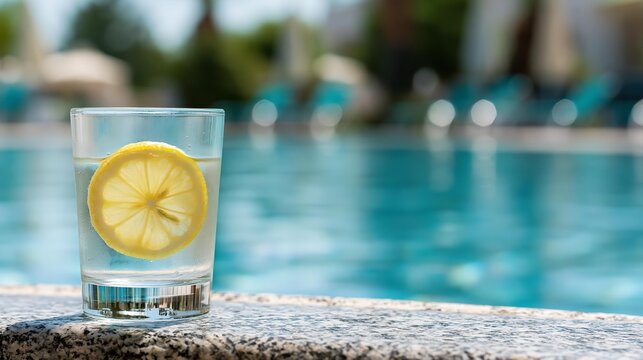 Clear glass with lemon slice refreshment on poolside stone, blurred aquamarine water background with lounge chairs