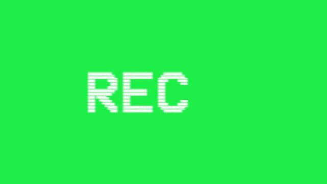 Retro vhs white rec text and red dot isolated on green screen chroma key background for old movie video templates