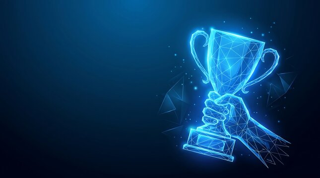 Digital achievement concept with a glowing neon wireframe mesh hand holding a winner trophy cup on a dark blue background with copy space.