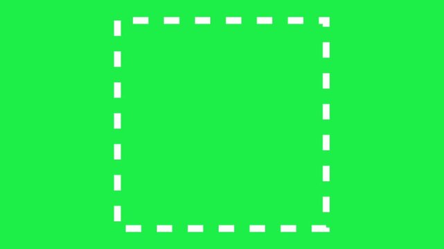 White dashed square border frame isolated on green screen chroma key background for creative video templates