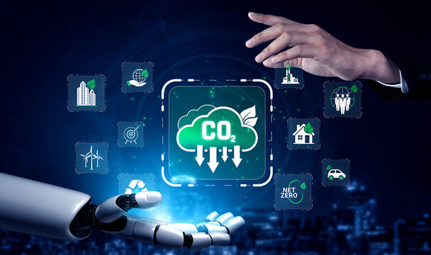 Human and robotic hands exchanging ideas about carbon dioxide reduction and achieving net zero emissions in a futuristic digital environment Sigmoid