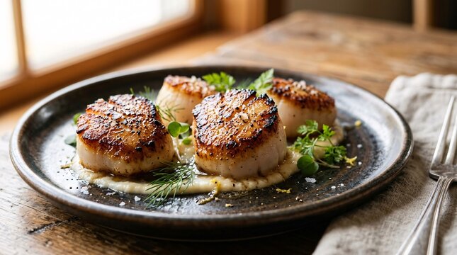 Seared sea bass fillets with microgreens on plate beside silverware on wooden table indoors