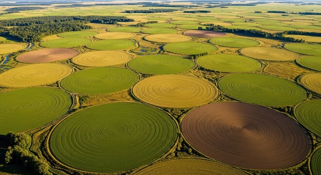 Detailed aerial perspective showcasing vast cultivated plains with stunning geometric circular crop patterns and natural textures, environment, earth, shape