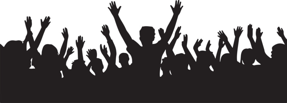 Silhouette of a crowd of people with their hands raised in the air, celebrating at a concert or festival