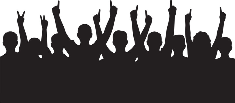 Crowd of people silhouettes with hands up cheering, celebrating, or voting group of diverse individuals expressing excitement, unity, and support in a conceptual illustration