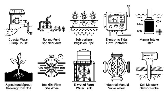 Agricultural and Industrial Water Management System Icons Set in Line Art Style.