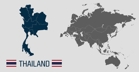 Fototapeta premium Thailand and Asia Map: A clear map graphic displays the country of Thailand in dark blue, positioned next to a gray map of the continent of Asia, complete with the national flag and name below.