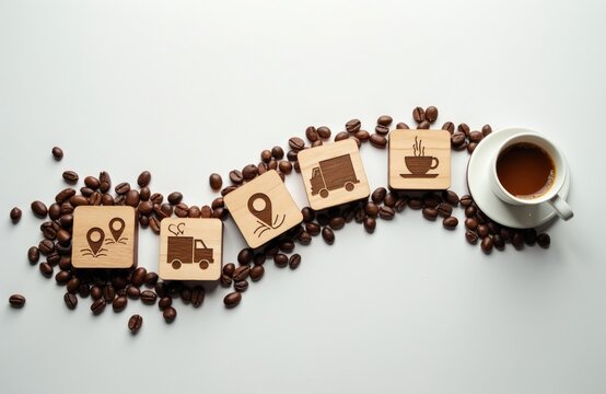 Coffee beans trace a path from delivery trucks and locations to a steaming cup. Represents the entire coffee journey from bean to final enjoyable beverage.