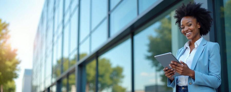 Young black woman in light blue suit jacket holds tablet computer outside modern glass office building. She smiles happily, looking at device screen, conveying success, optimism in business, career.