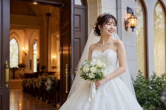 チャペル扉の前でブーケを持つ花嫁の期待