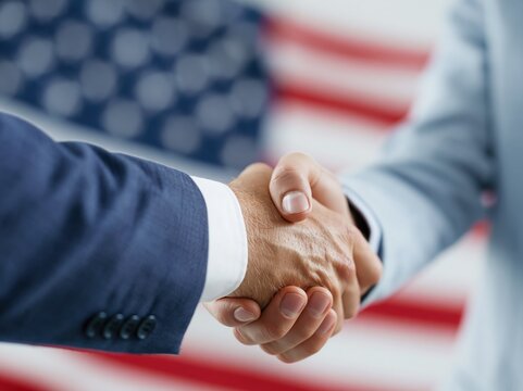 Businessmen shaking hands in front of the American flag, symbolizing partnership and agreement