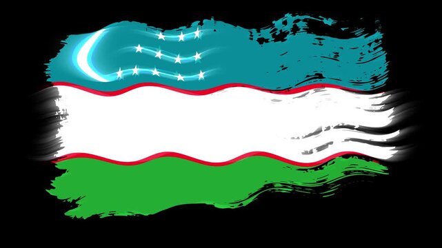 Waving torn Uzbekistan flag grunge brush burn light leaks, transparent background alpha channel loop full HD