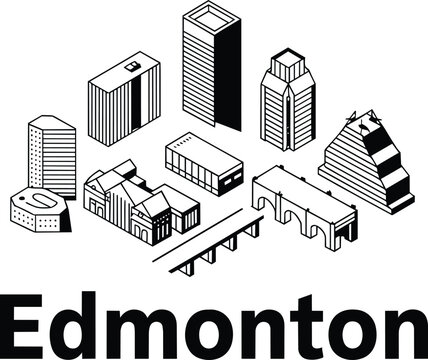 Edmonton skyline isometric vector illustration with text, architectural landmarks and city view and transport, modern architecture