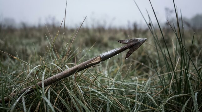 A broken steel arrow with a bent tip lies in wet grass, symbolizing decline and decay.