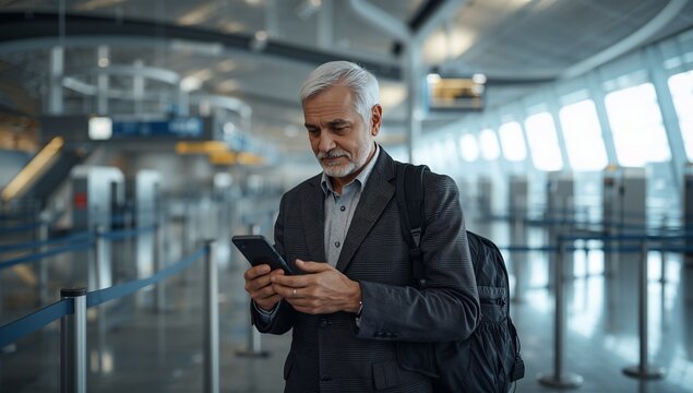 Mature businessman with gray hair using smartphone at modern airport terminal