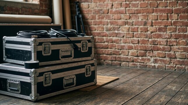 Stacked black flight cases and audio cables on a wooden floor against a brick wall, ready for an event or concert setup