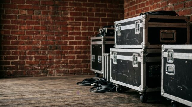 Stacked black flight cases and audio cables on a wooden floor against a brick wall, ready for an event or concert setup