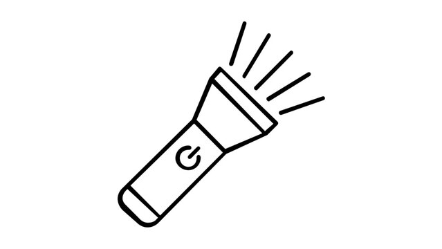 Vector illustration of a flashlight line icon depicting a handheld cylindrical torch with a beam-emitting head rendered in clean minimalist line art for outdoor and camping themes.