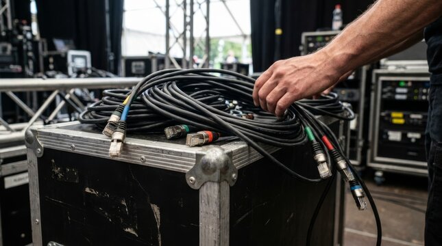 Stage technician setting up lighting equipment for an event in an empty arena