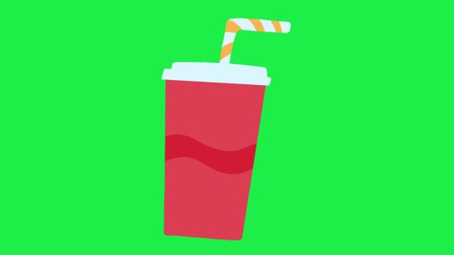 Cartoon red soft drink paper cup with a striped straw isolated on a green screen chroma key background