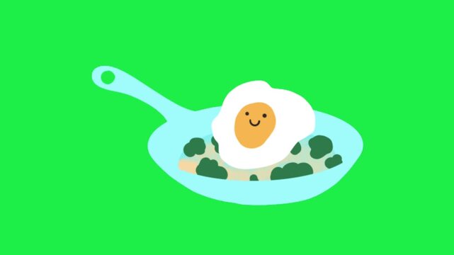 Cute cartoon fried egg smiling in a blue frying pan with broccoli isolated on a green screen chroma key background